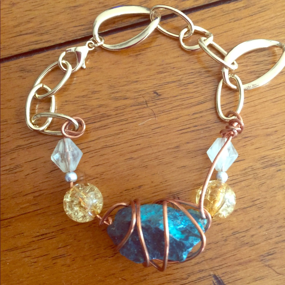 Blue gem bracelet with copper wire one of a kind !
